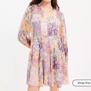 Loft Floral Godet Split Neck Swing Dress size M
